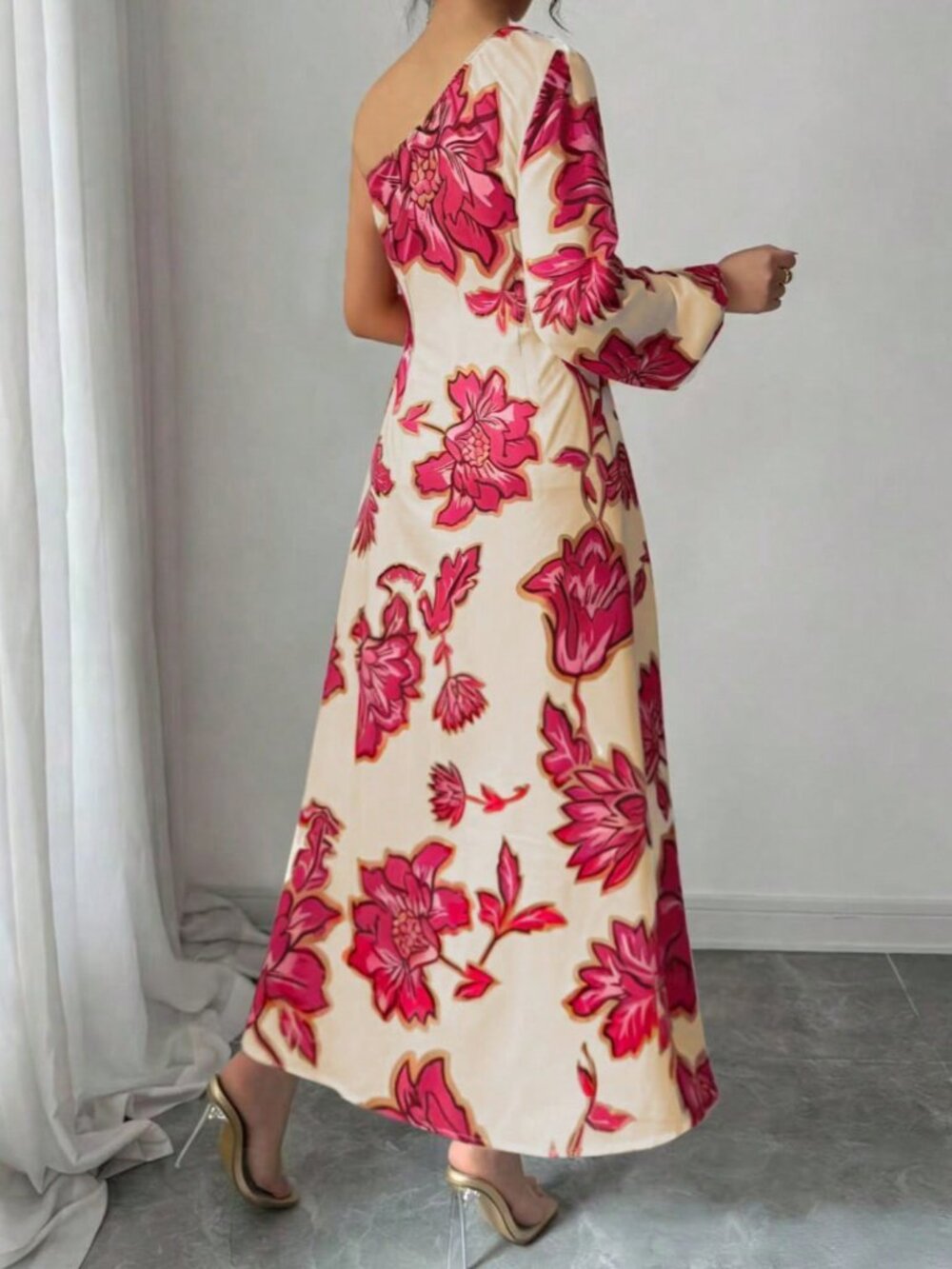 Multicolor Elegant Women's Printed One-Shoulder Dress - Picture 2 of 5
